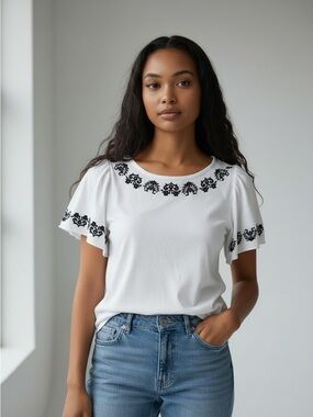 LOFT White and Navy Embroidered Flutter-Sleeve Top